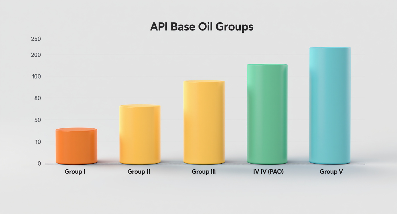 API Base Oil classification bottle illustration showing clean molecular mineral and synthetic fluids