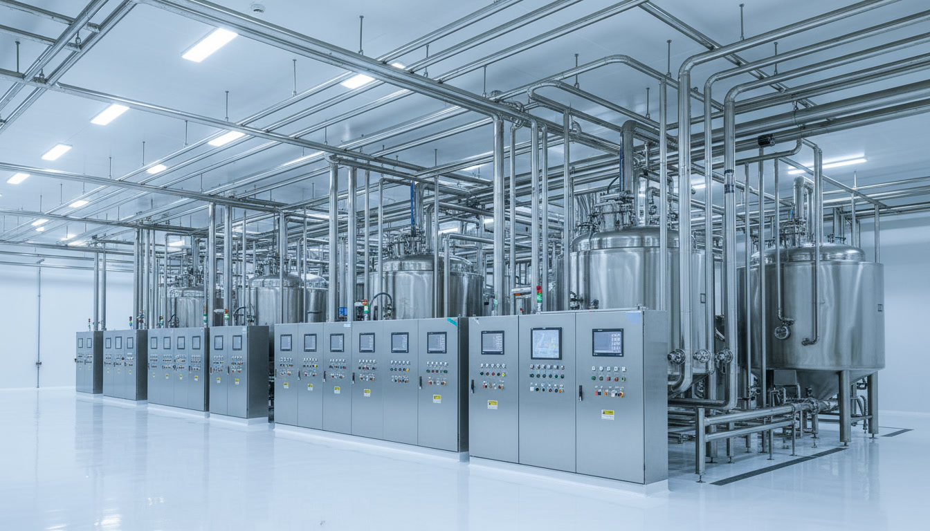 Stainless steel industrial mixing vessels in a high-shear detergent blending factory