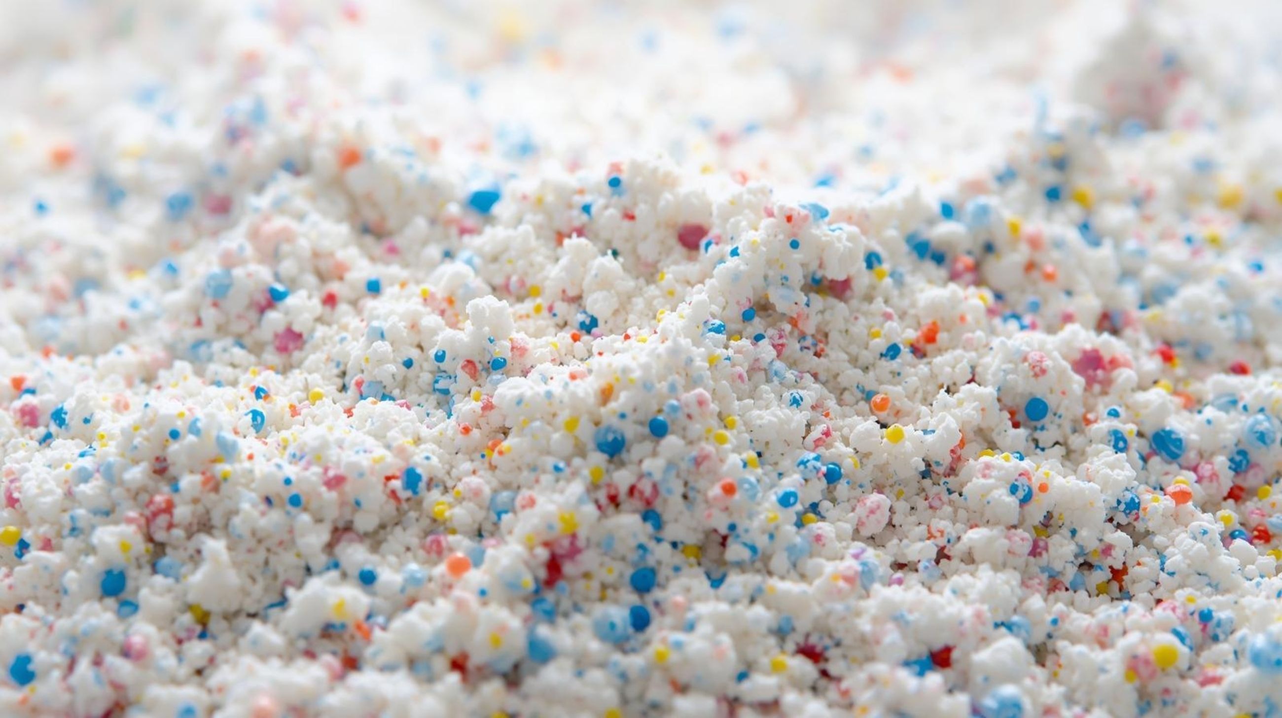 Close-up macro texture of dry powder laundry detergent showing granules optimized for dissolution