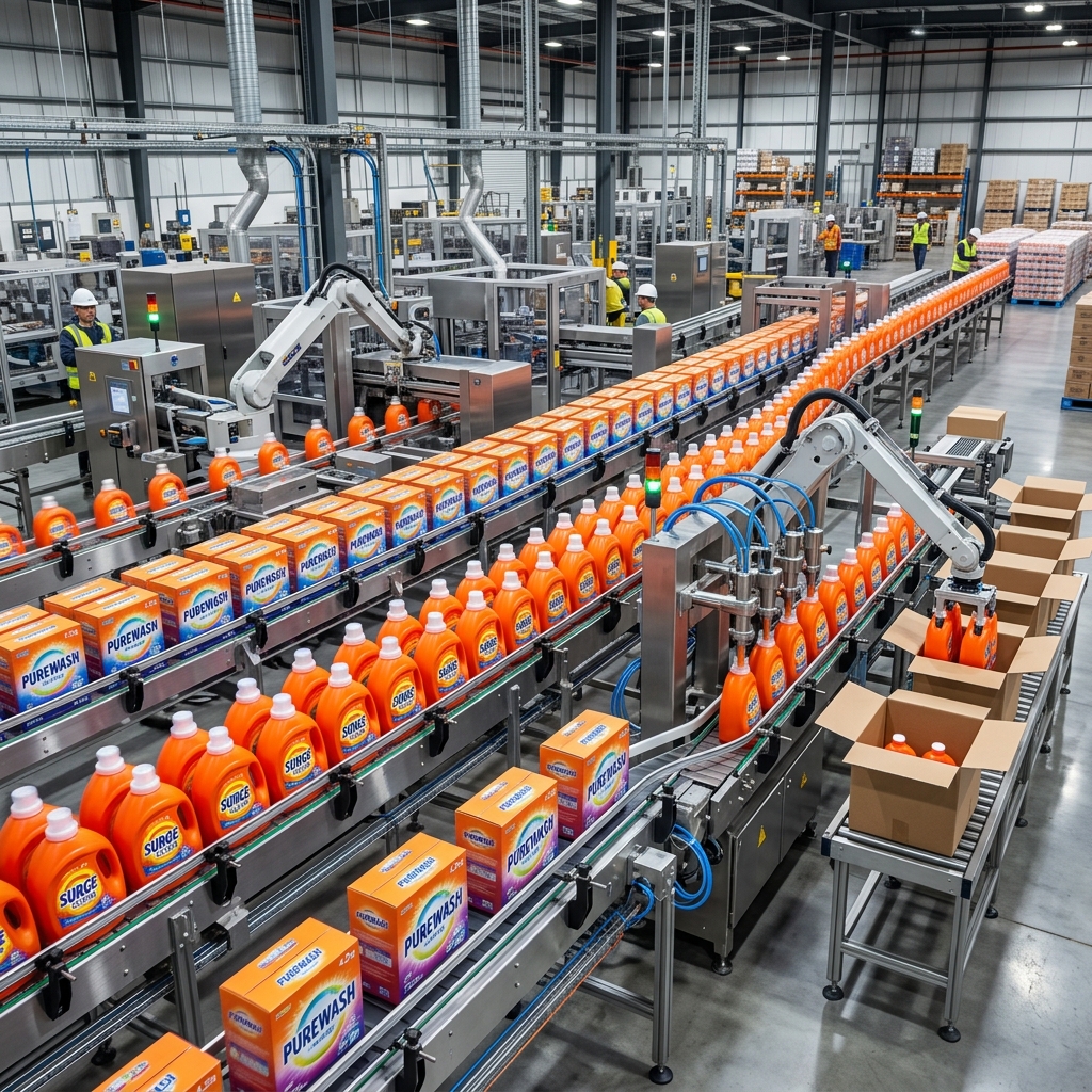 Automated high-speed liquid detergent filling and packaging line in a modern manufacturing plant