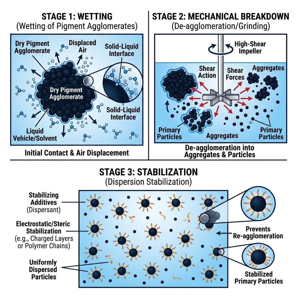 Thermodynamic progression schematic detailing the three stages of pigment dispersion from dry agglomerate wetting to complete mechanical de-agglomeration and steric stabilization