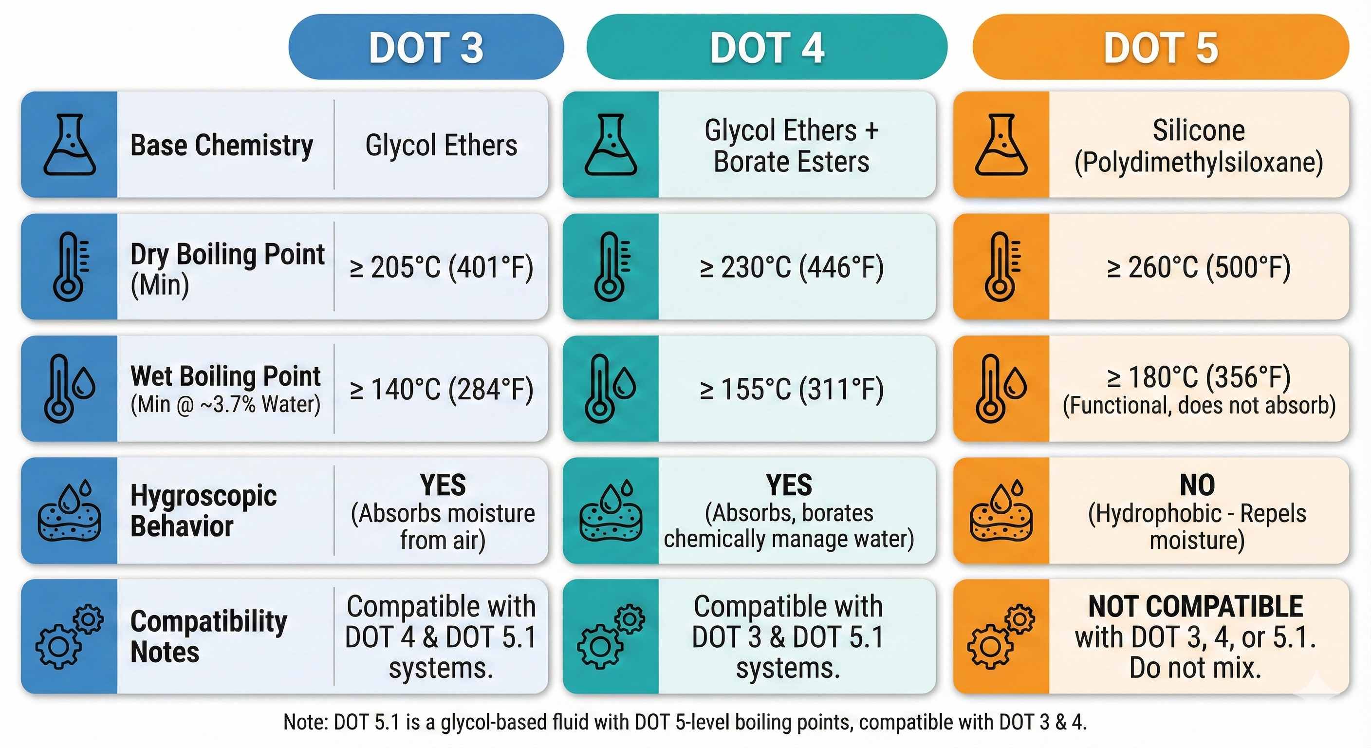 Technical comparison matrix of DOT 3, DOT 4, and DOT 5 brake fluids covering boiling points and base chemistry