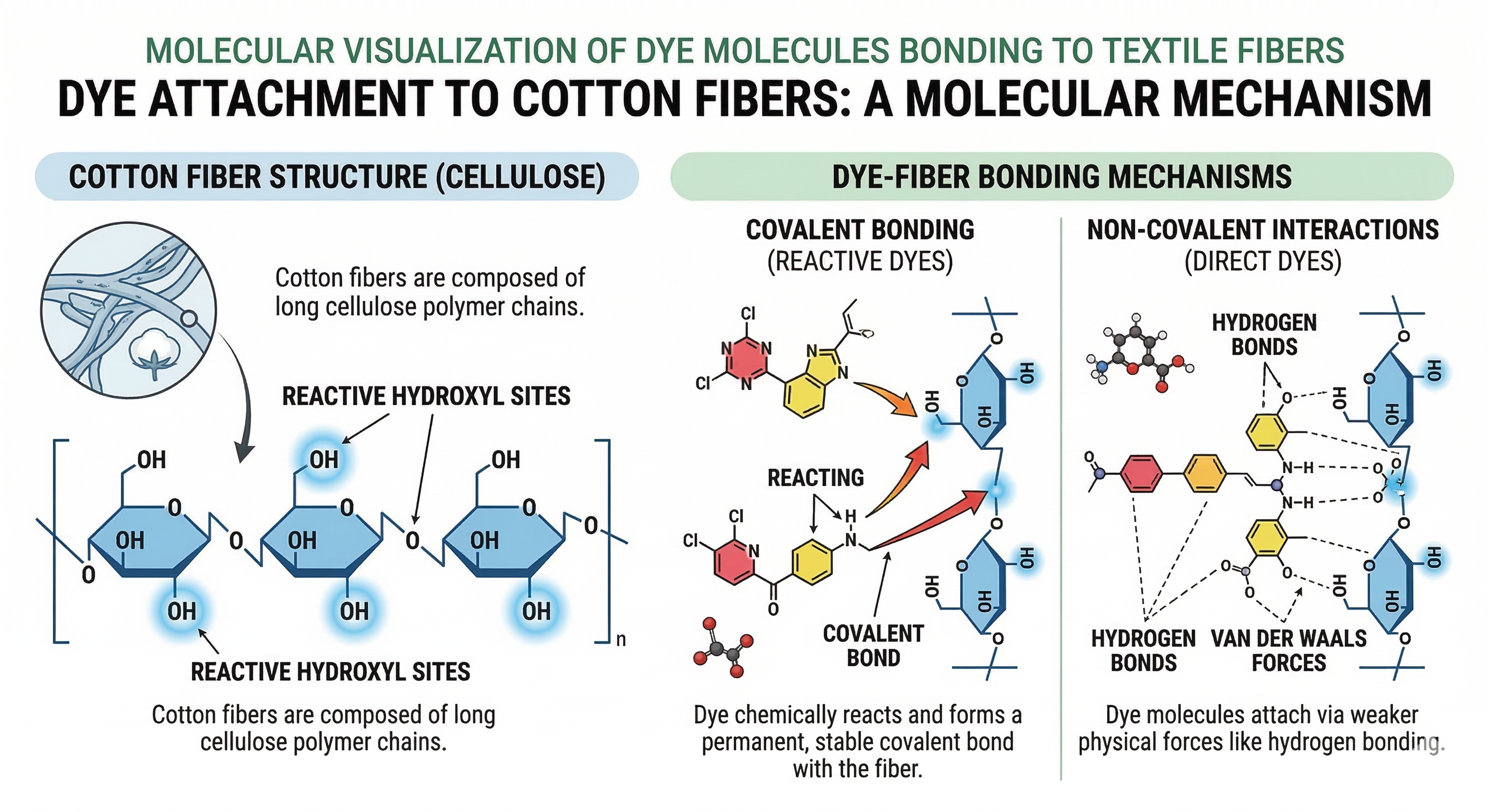 Dye lightfastness and bonding diagram — covalent ester and ether chemical bonds between reactive dye vinyl sulfone complexes and cotton cellulose hydroxyl structures | Global Formulation