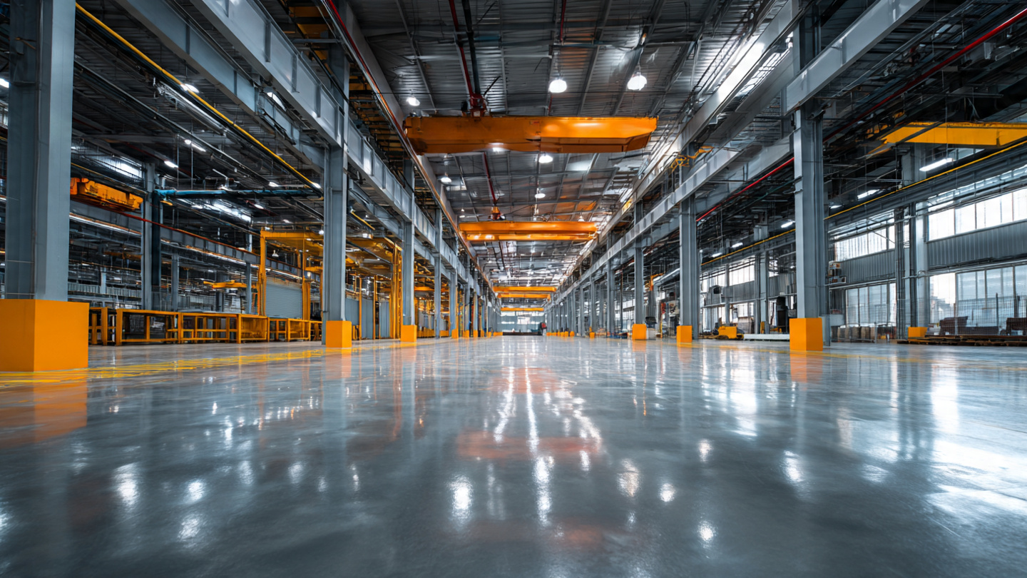 Industrial epoxy flooring — glossy, seamless self-leveling floor applied inside a clean manufacturing facility | Global Formulation
