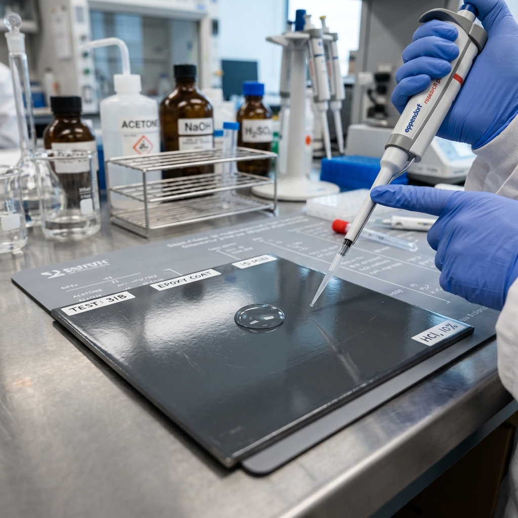 Laboratory technician conducting chemical exposure testing on various epoxy samples using pipettes and analytic balances