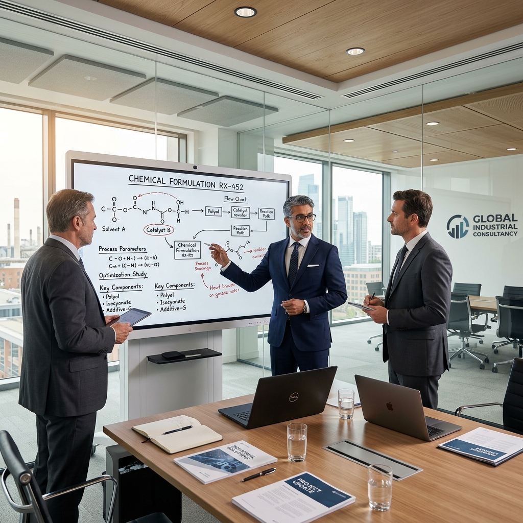 Group of chemical engineers and business consultants reviewing epoxy plant blueprints and process flow charts in a boardroom