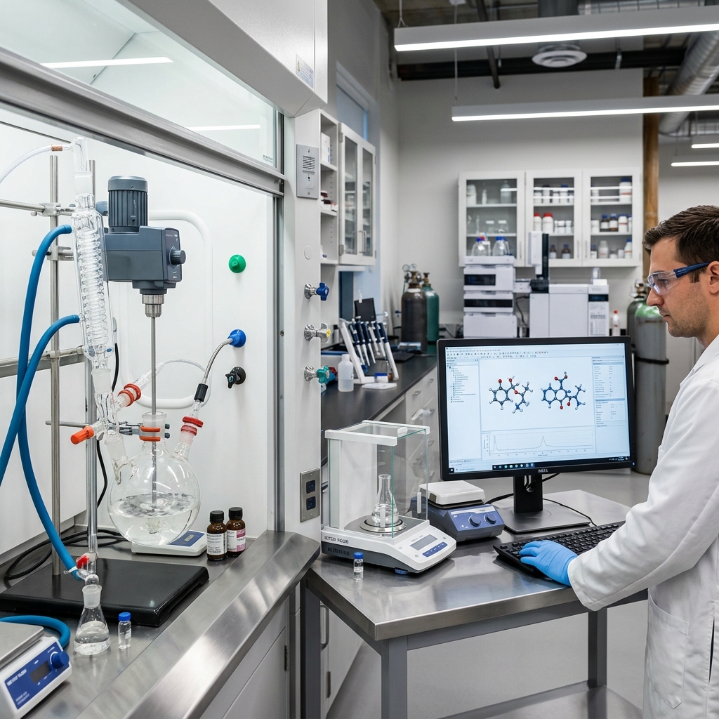 Advanced laboratory workstation displaying raw surfactant drums, scale-up reactors, and high-shear agitators used in formulating professional industrial degreasers