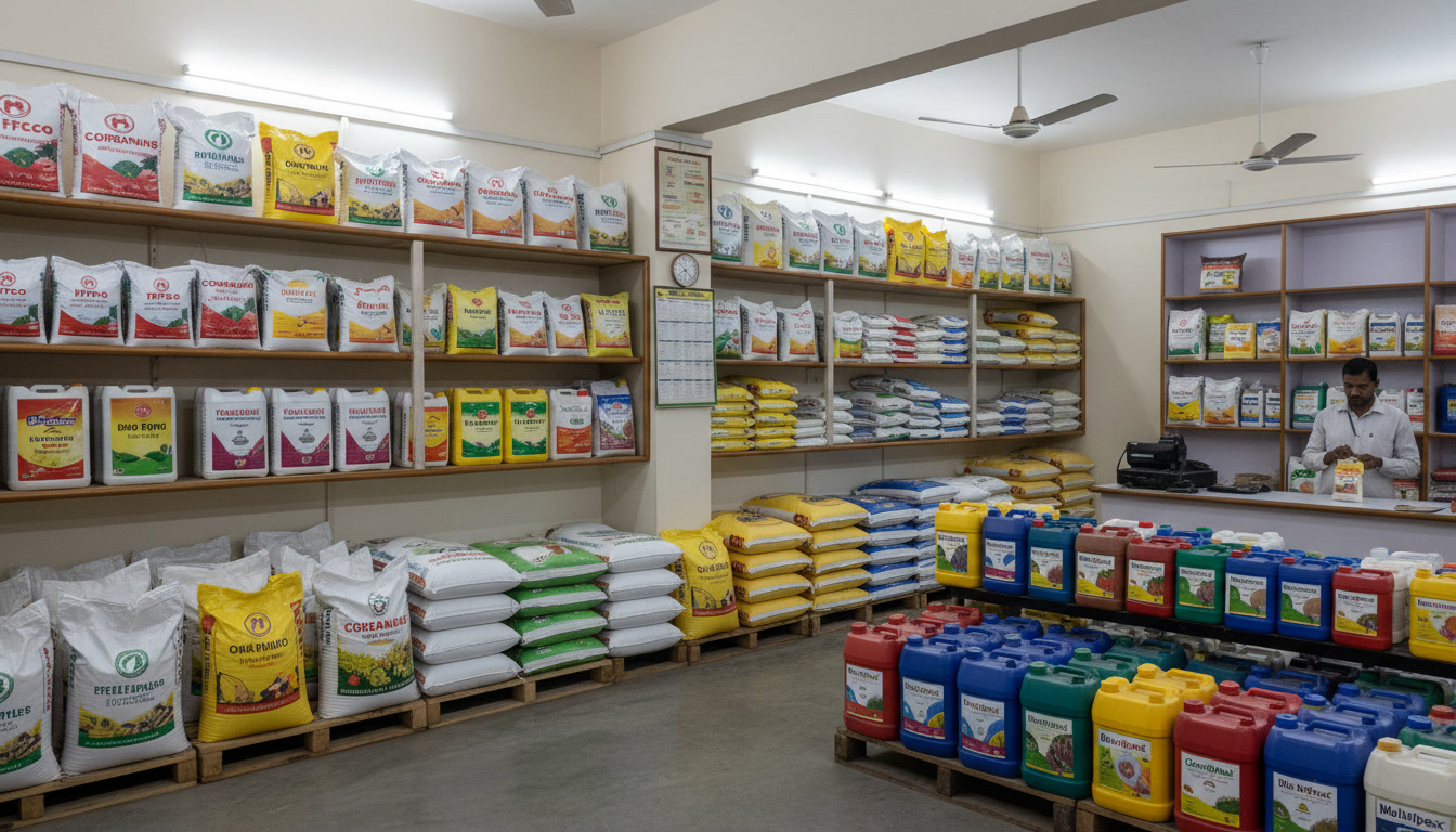 Granular fertilizer bags and liquid crop protection containers arranged neatly on display shelves in a retail cooperative store