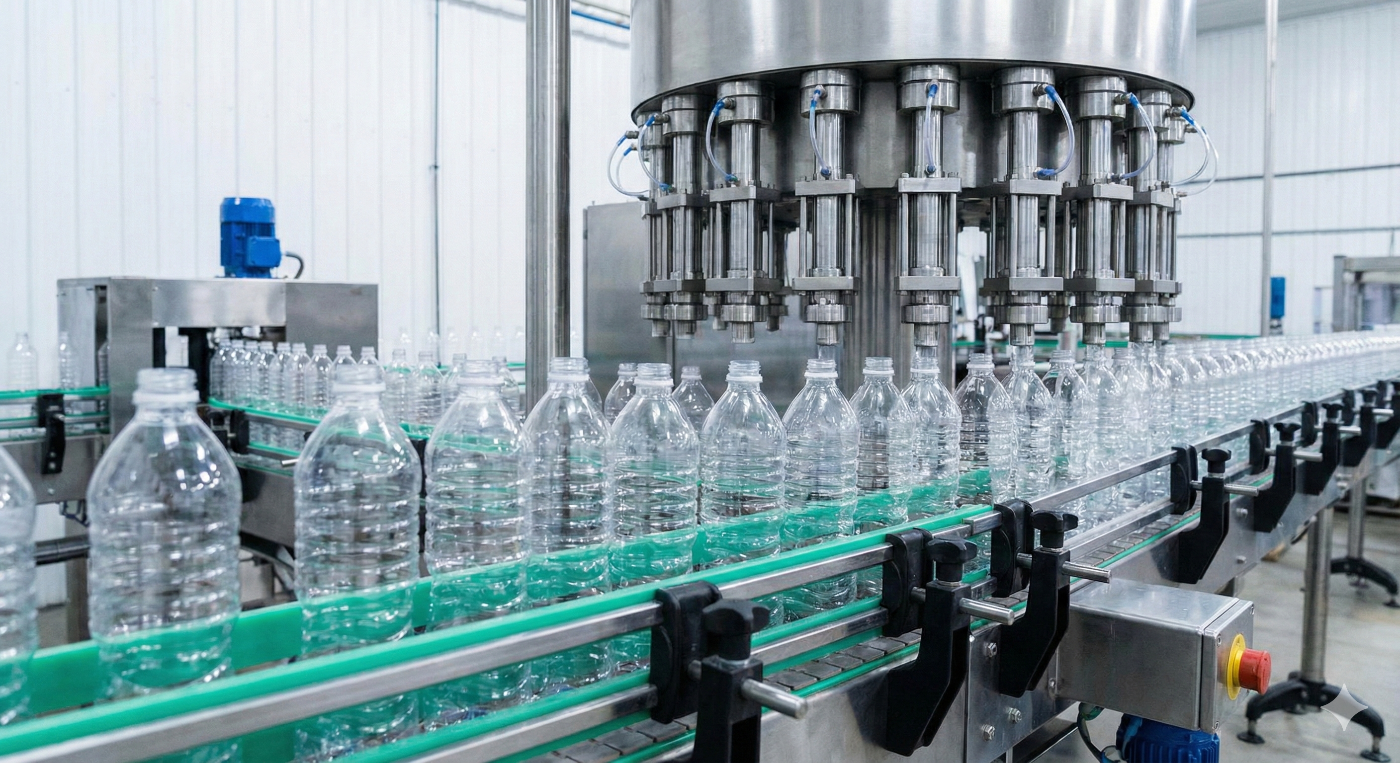 Automatic multi-head liquid volumetric filling line packaging detergent bottles on a stainless steel conveyor system