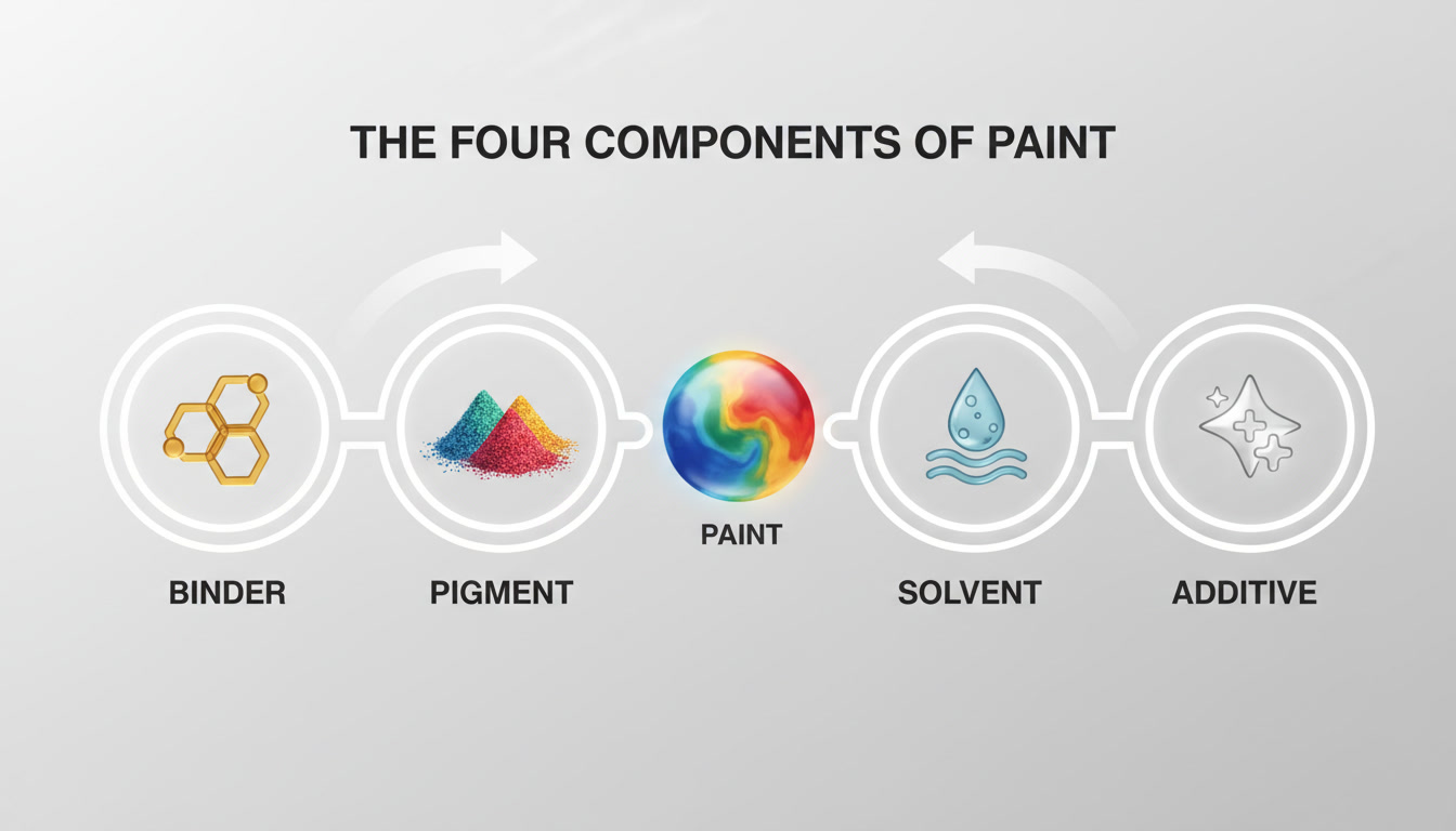 Infographic diagram illustrating the four essential components of paint: Binder, Pigment, Solvent, and Additive