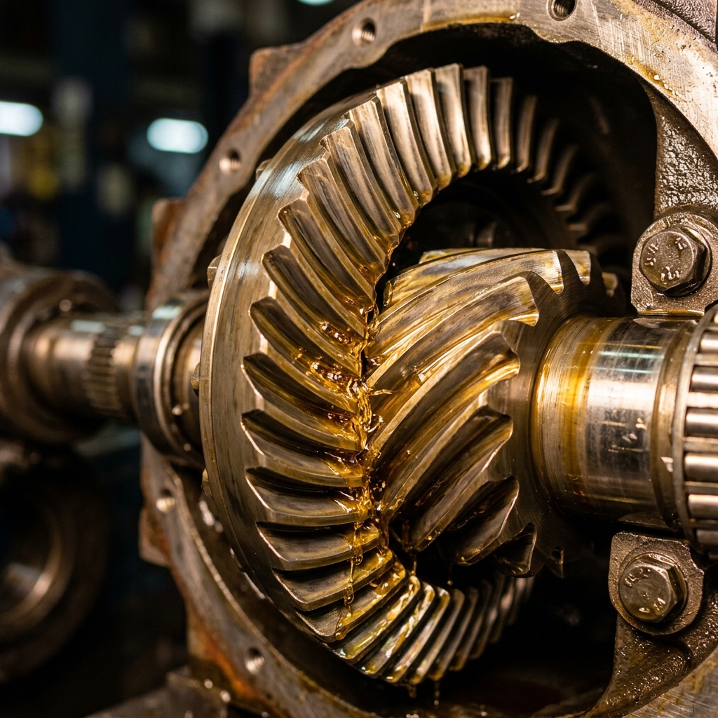 Macro close-up visualization of a stable protective gear oil lubricant film on a high-torque hypoid gear set