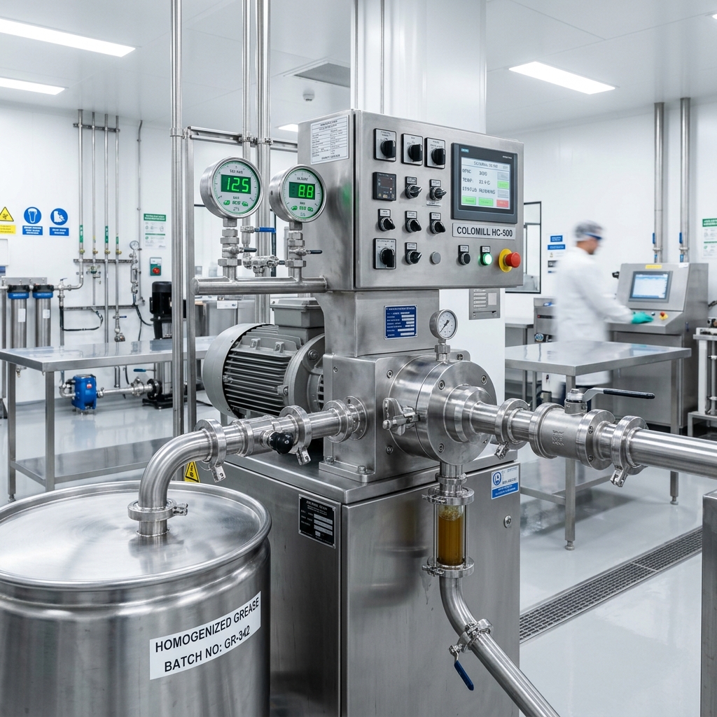 High-pressure industrial grease homogenizer and colloid mill equipment in operation
