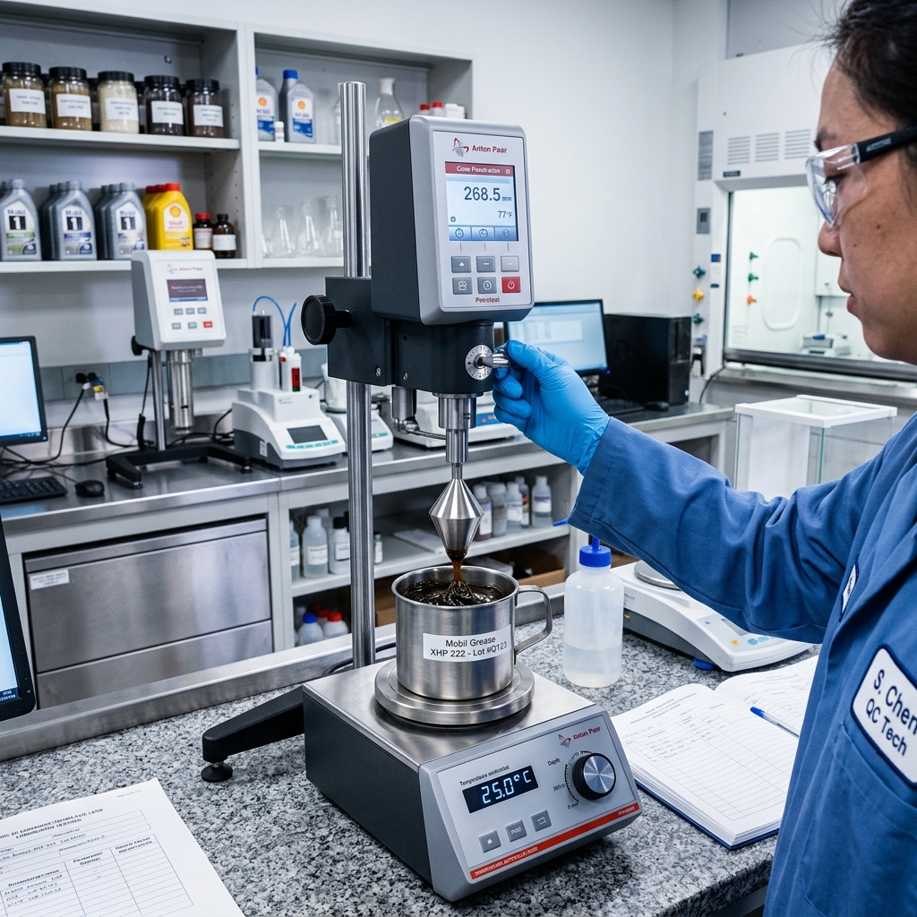 Laboratory testing for grease dropping point and cone penetration benchmarks in a QA facility