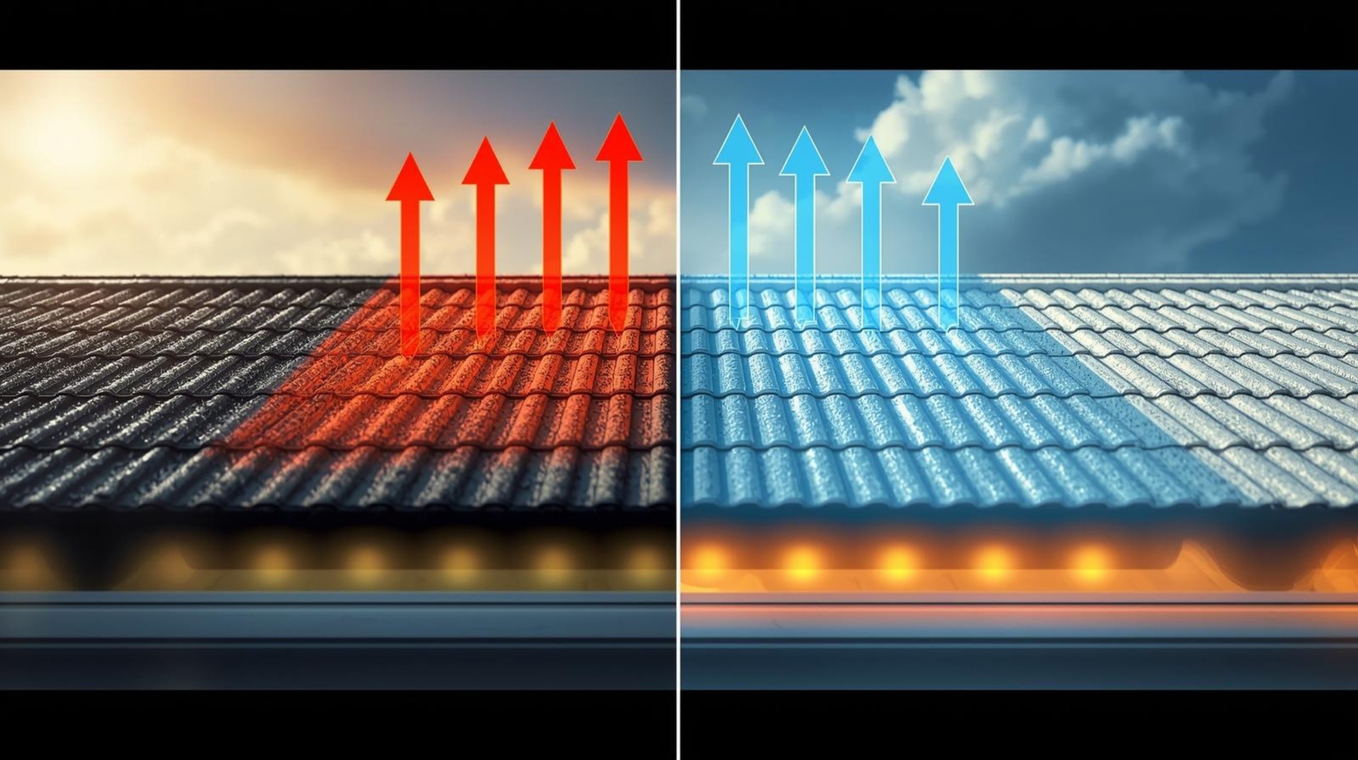 Diagram illustrating the principle of a heat-reflective cool roof, showing a dark roof absorbing heat and a light-colored cool roof reflecting sunlight