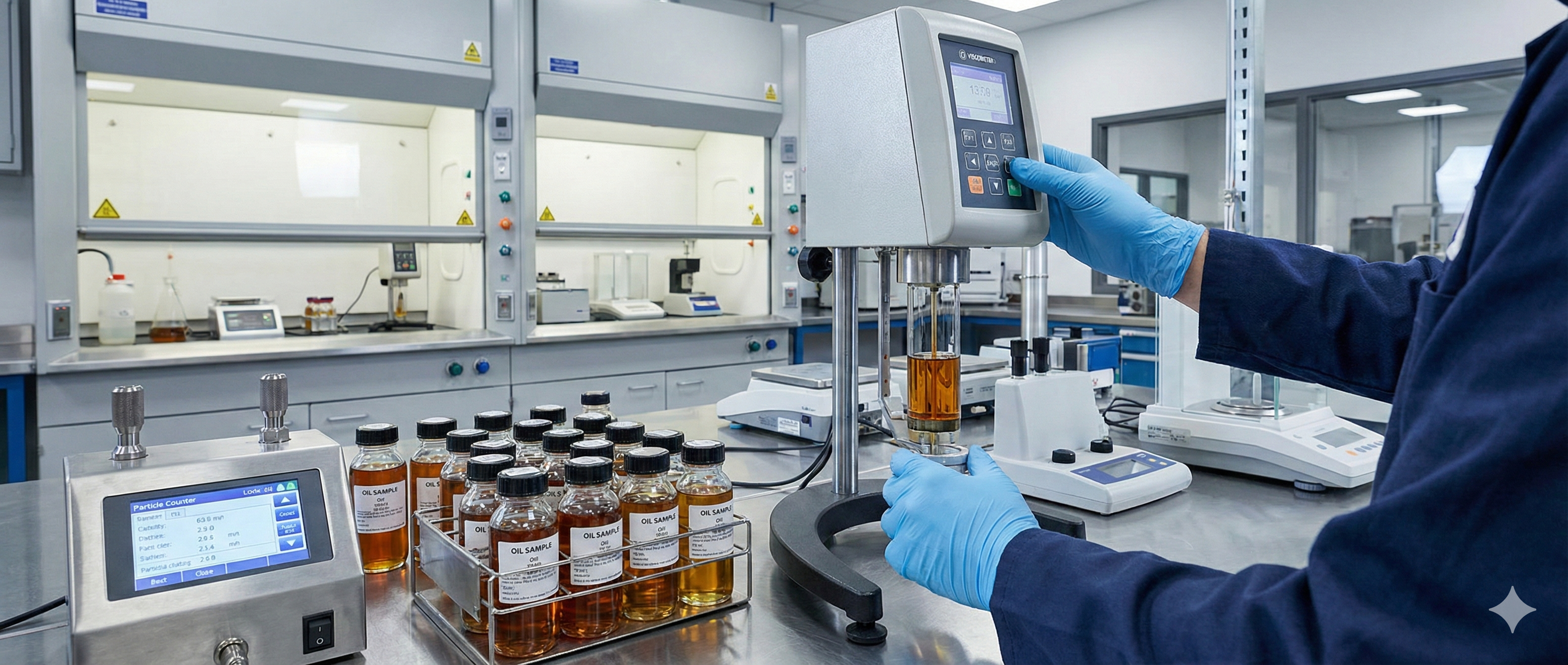 Quality control laboratory featuring automated viscometers and laser particle counters