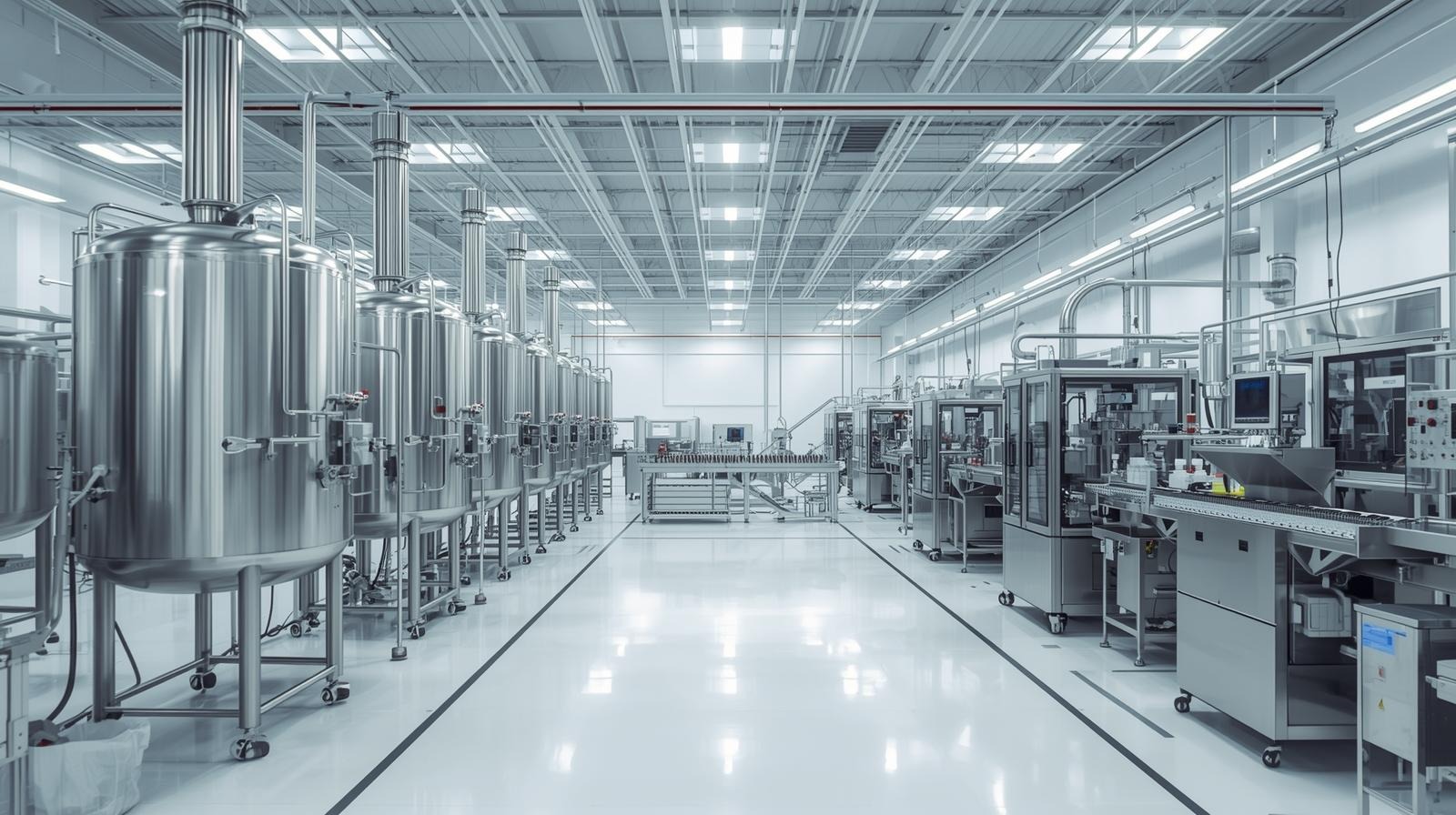 Industrial cosmetic manufacturing line with stainless steel mixing tanks and automated filling machines