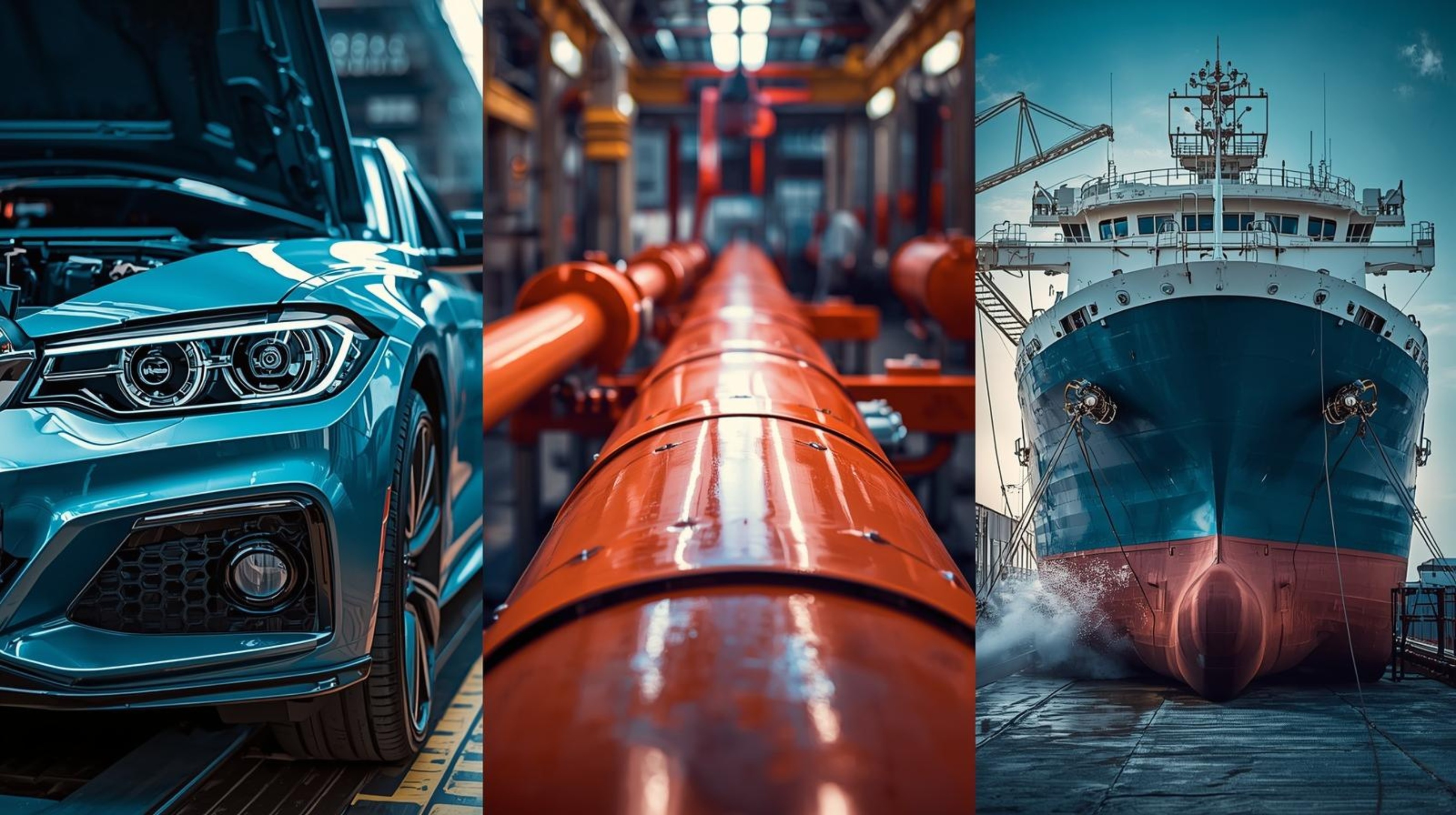 Composite image showing automotive paint application on a car body, protective coating on an industrial pipeline, and marine antifouling paint on a ship's hull