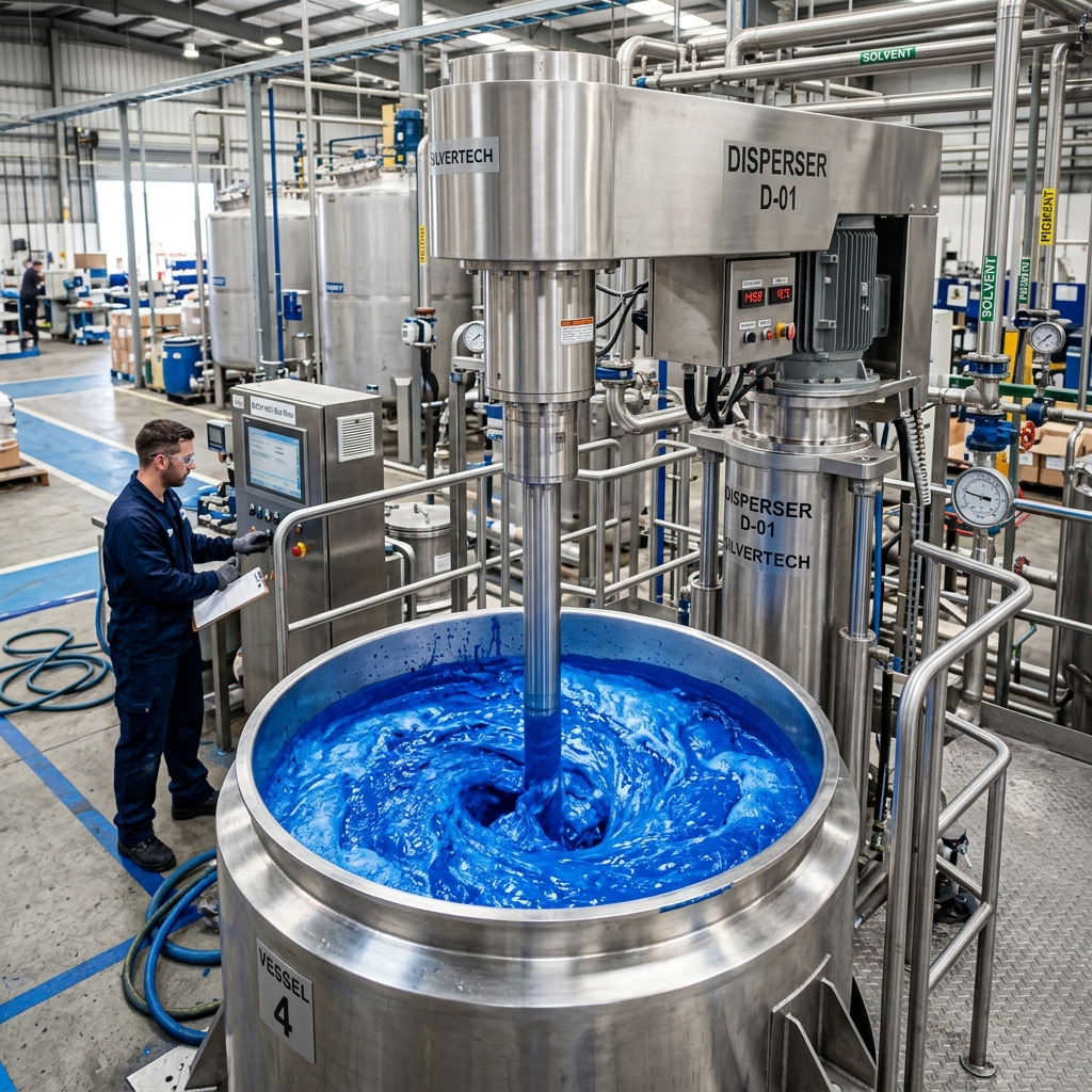 High-speed industrial disperser generating intense mechanical shear inside a large paint manufacturing vessel to break down pigment agglomerates