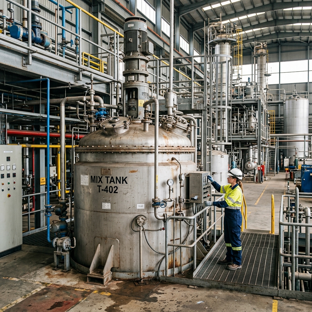 Stainless steel industrial mixing vessels inside a commercial chemical blending facility for car wash production