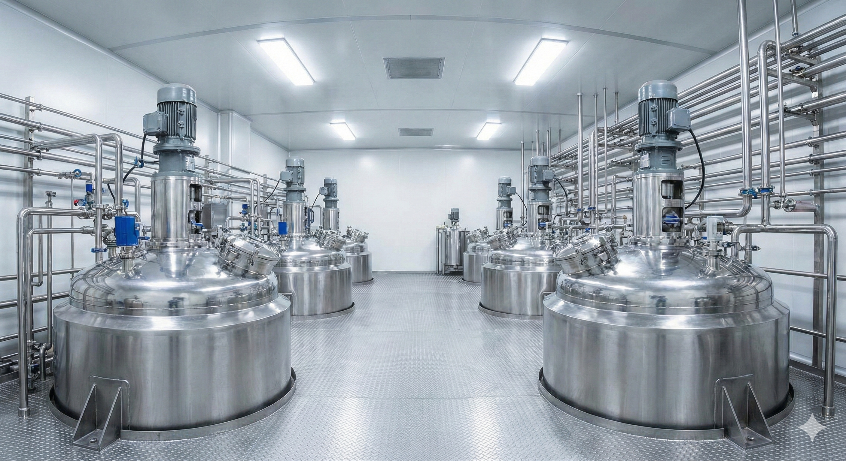 Stainless steel jacketed chemical mixing reactors and overhead piping installation in a modern cleaning product manufacturing facility