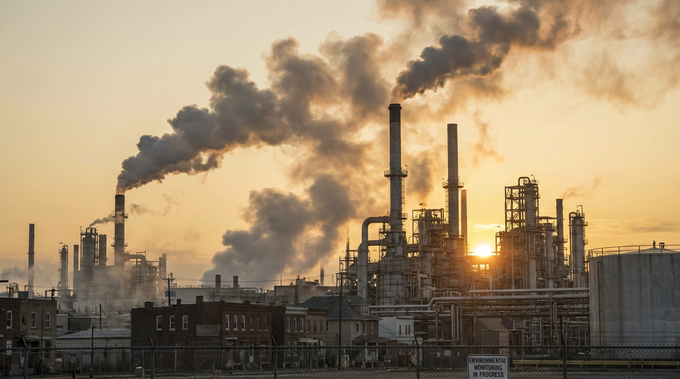 Industrial facility releasing volatile organic compound emissions into the air contributing to urban air pollution