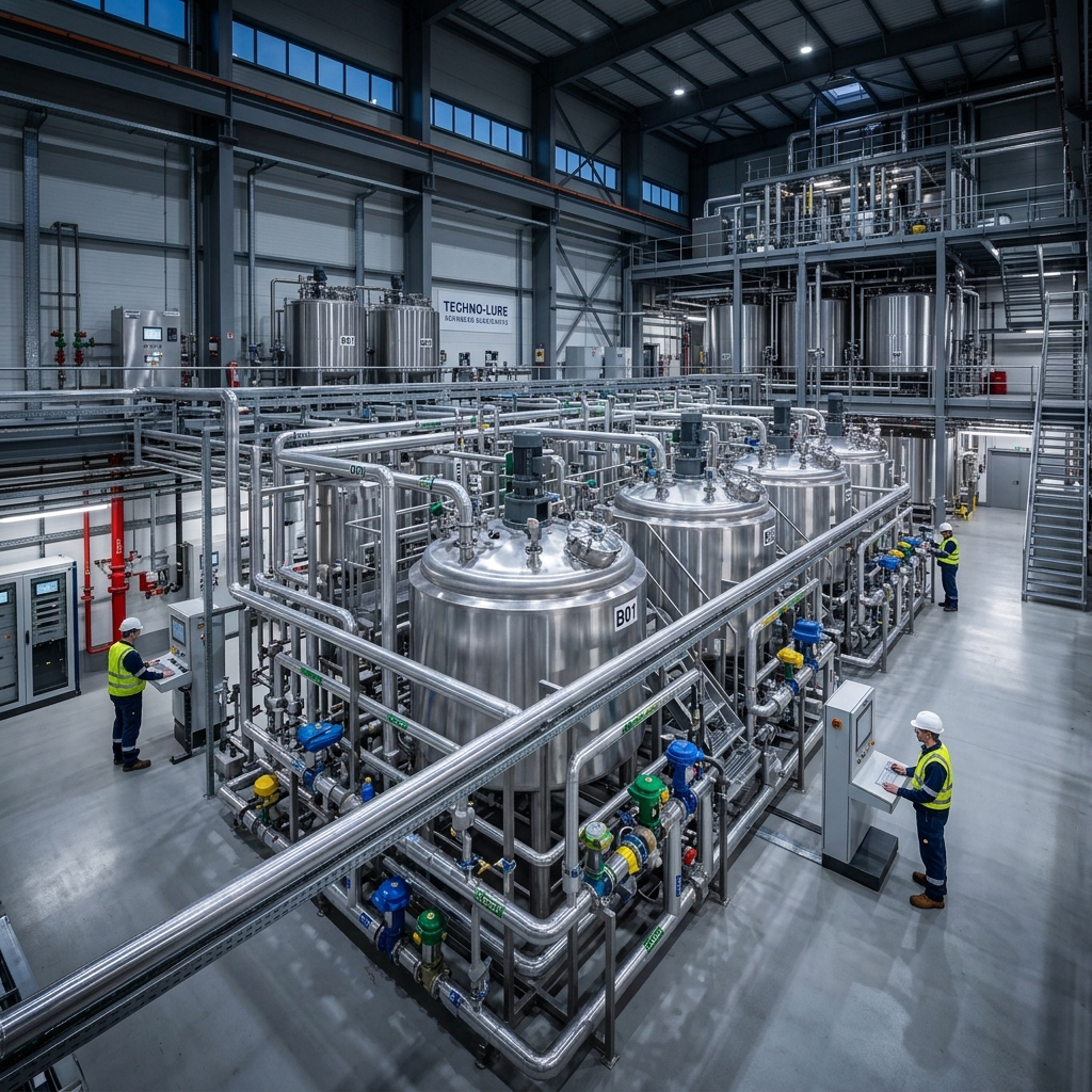 Modern automated chemical blending facility featuring massive stainless steel mixing vessels for high-volume lubricant production
