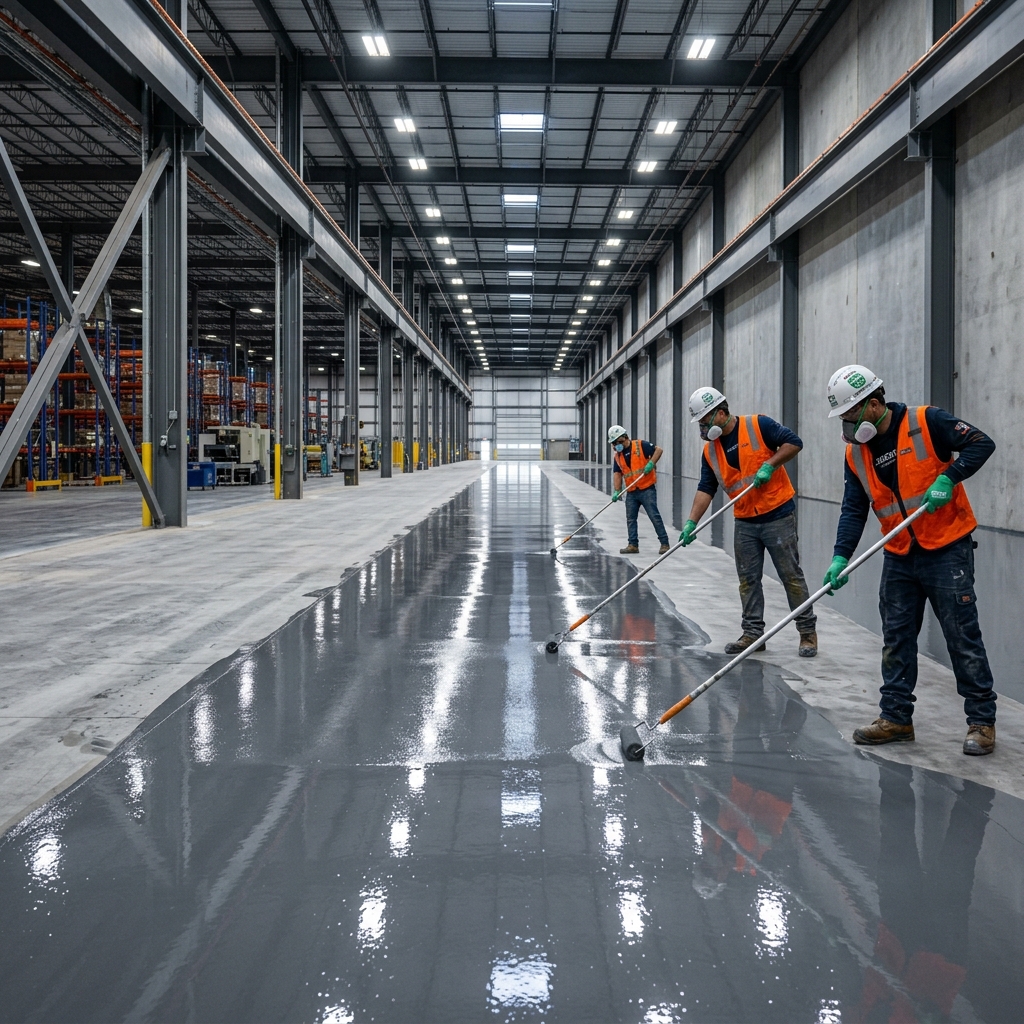 Professional application of large-scale industrial epoxy flooring in a spacious logistics center showcasing self-leveling squeegee techniques