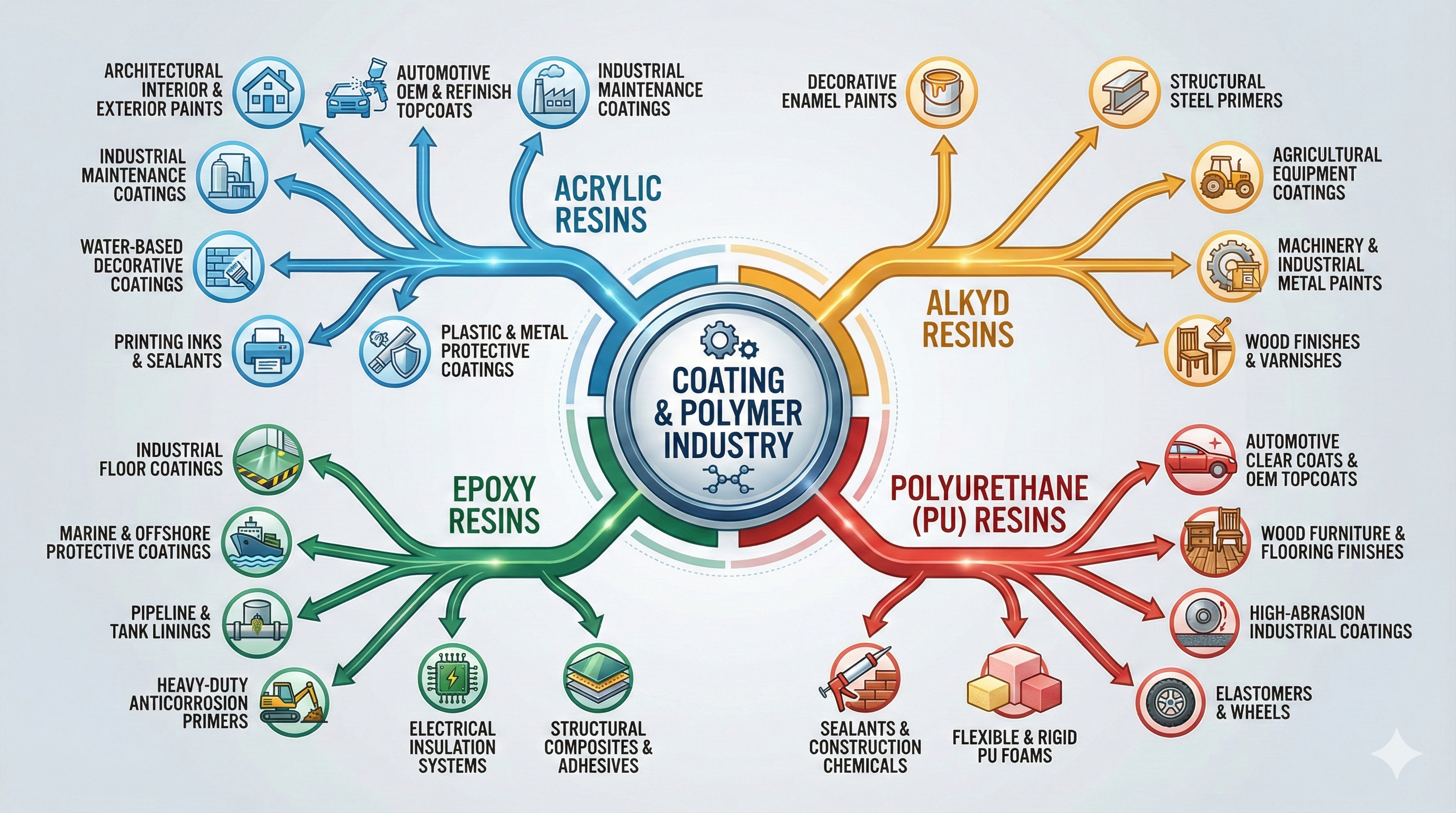 Industrial application mapping showcasing the targeted uses of acrylic, alkyd, epoxy, and polyurethane coatings across architectural and automotive markets