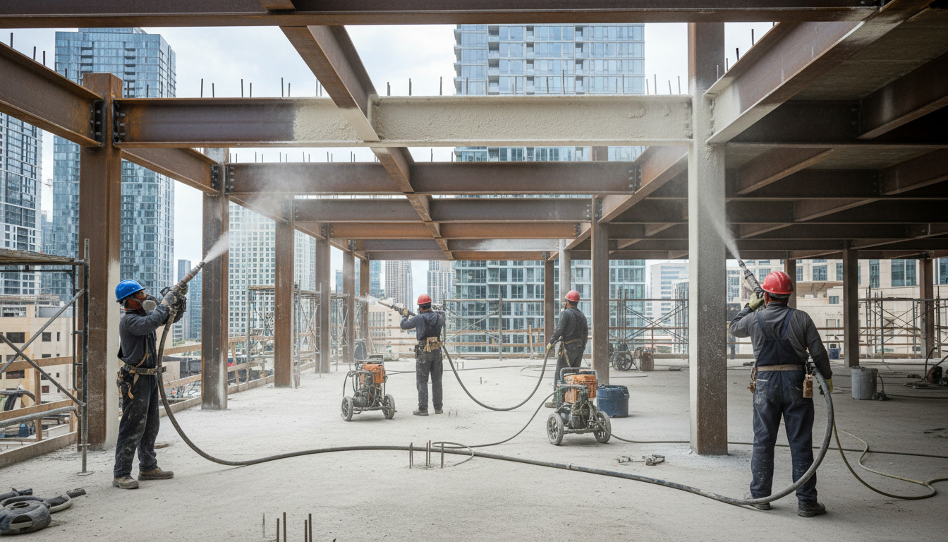 Sprayed application of intumescent passive fire resistant coating on structural steel columns at construction site