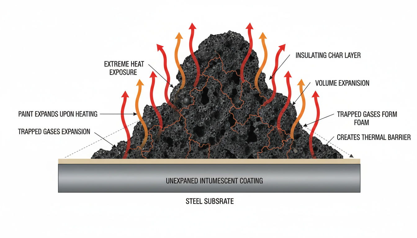 Intumescent fire resistant paint expanding into a thick insulating carbon foam char layer under high temperature fire exposure