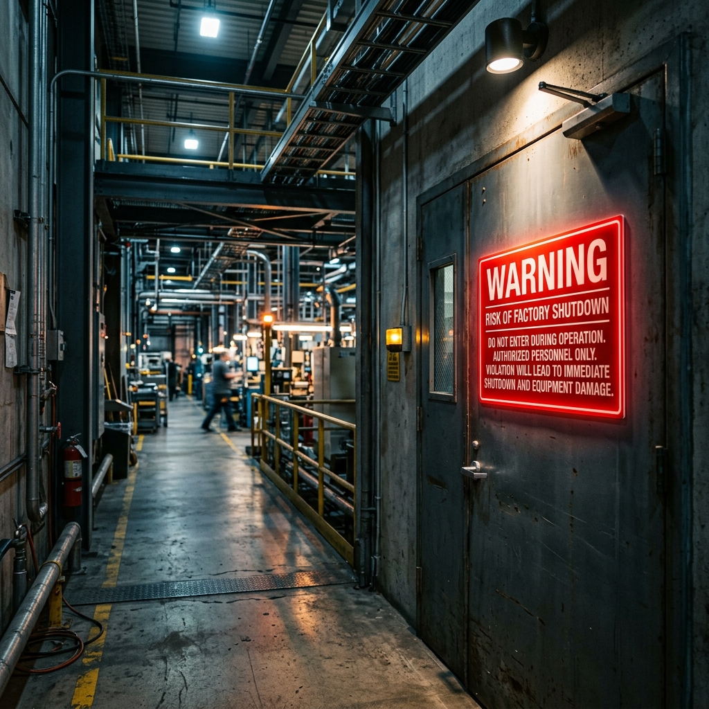 Industrial hazard warning signs marking corrosion-risk zones near stainless steel tanks and chloride-containing chemical storage
