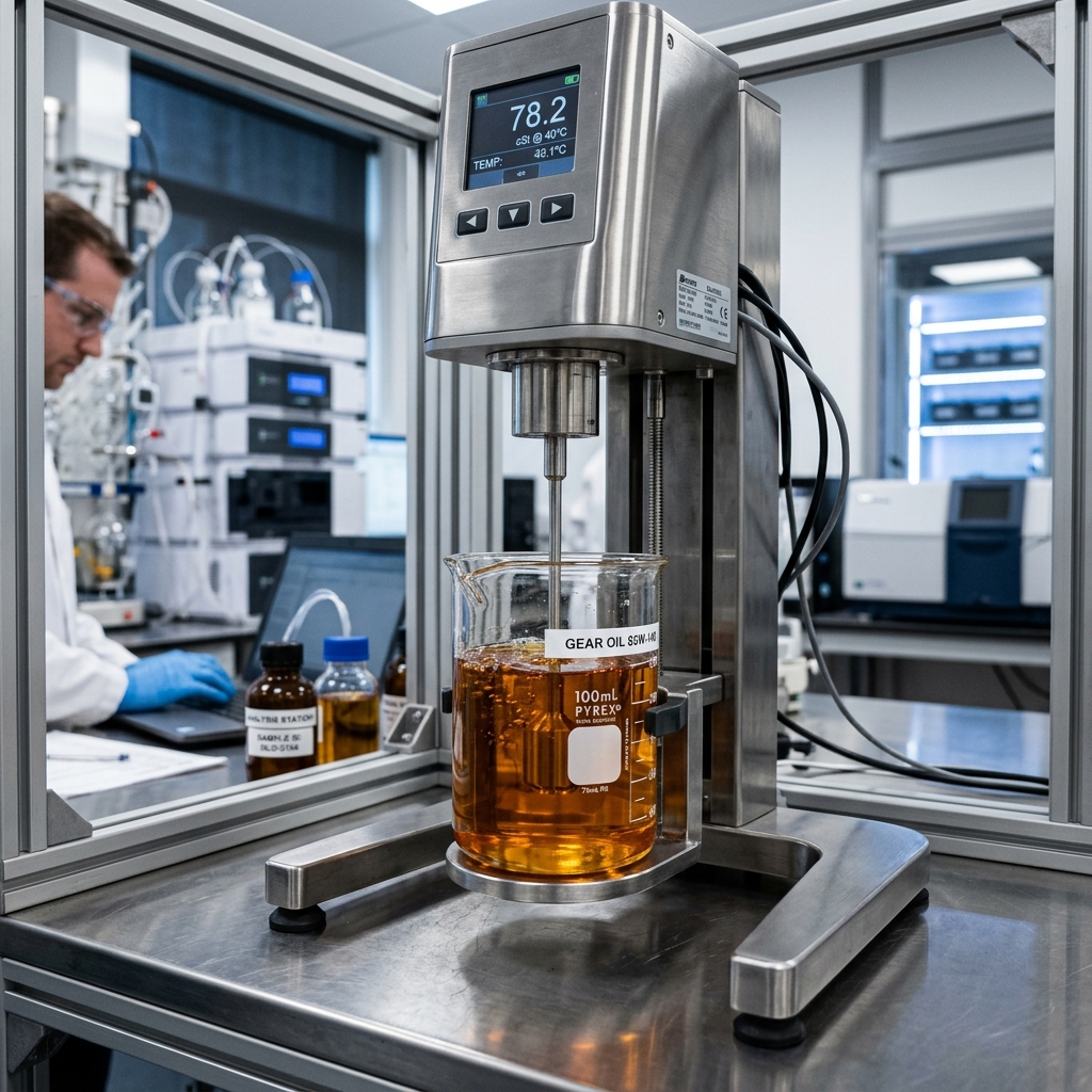 Specialized quality control laboratory testing amber gear oil kinematic viscosity and performance validation parameters