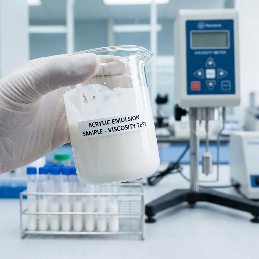 Scientist measuring viscosity of acrylic emulsion in a lab beaker