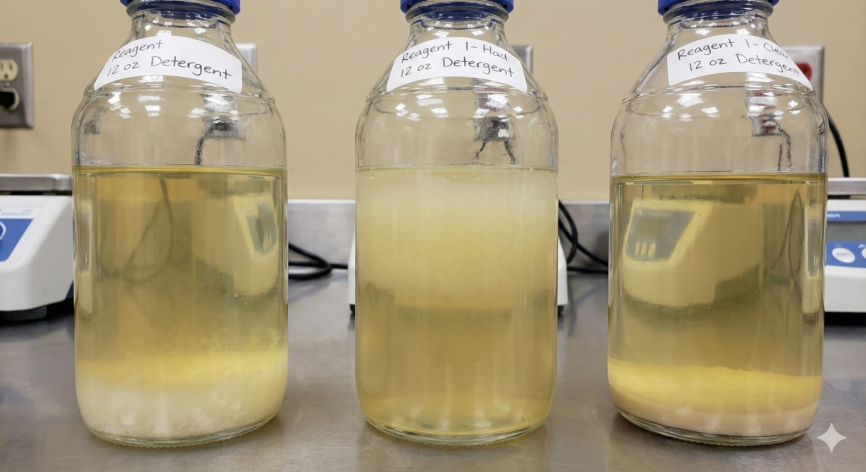 Examples of poorly formulated liquid detergents showing phase separation, cloudiness, and instability