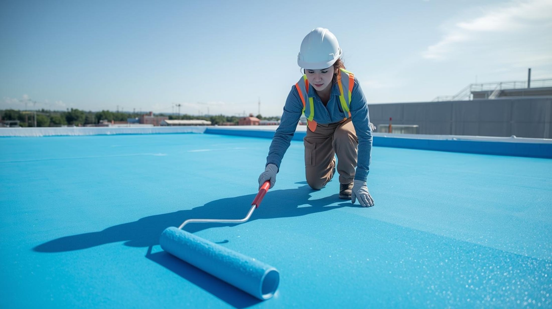 Liquid-applied polyurethane waterproofing membrane rolled onto concrete rooftop substrate to prevent leaks | Global Formulation