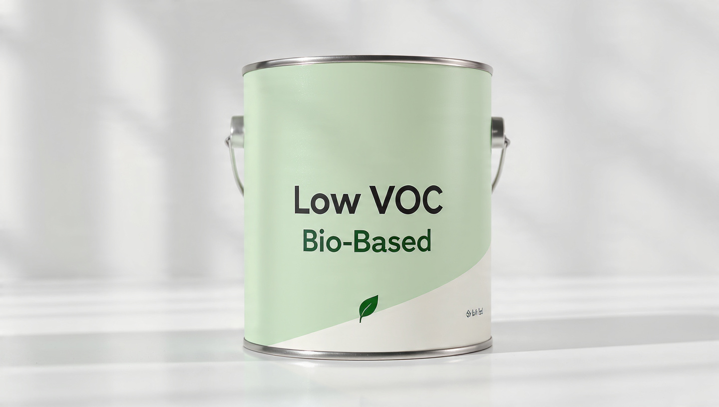 Close-up of a modern paint can labeled 'Low VOC' and 'Bio-Based', symbolizing environmentally friendly paint solutions