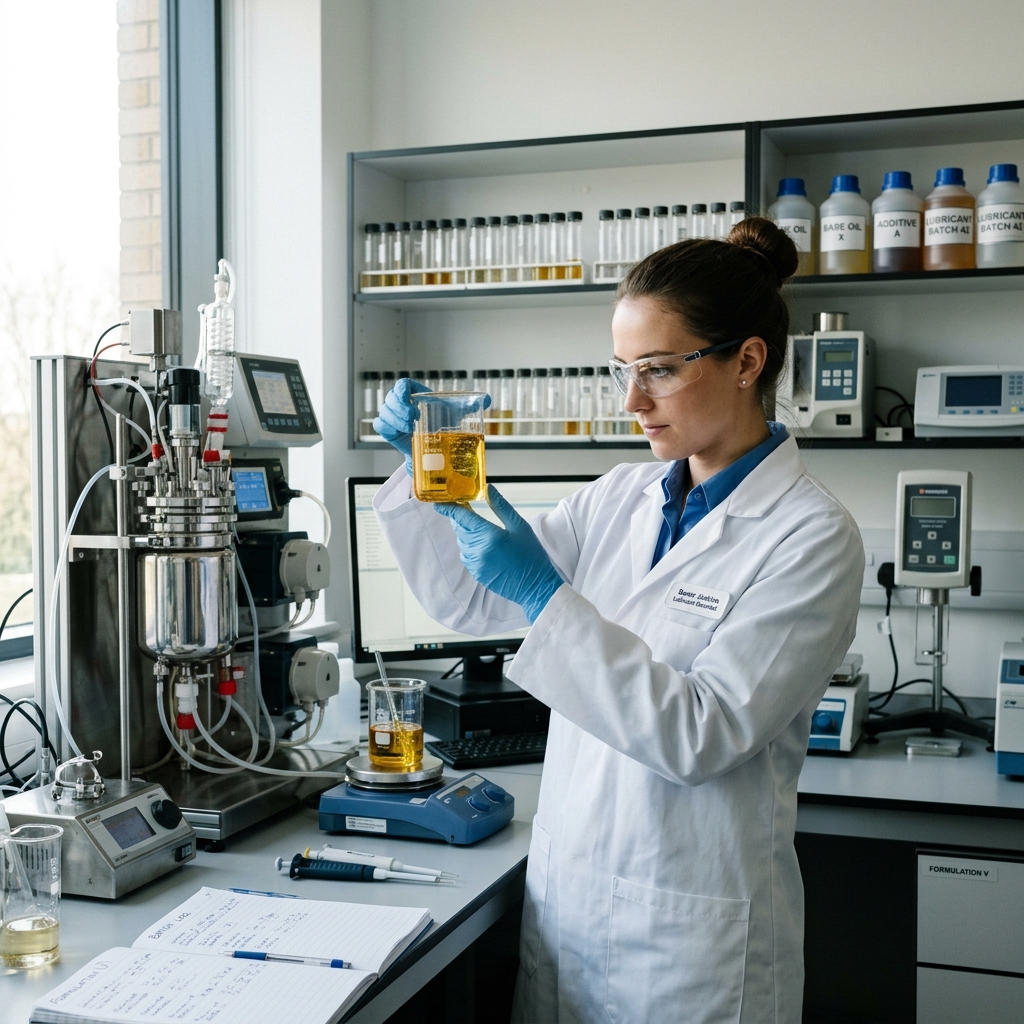 Chemical formulator evaluating lubricant samples in a high-tech tribology laboratory under analytical equipment