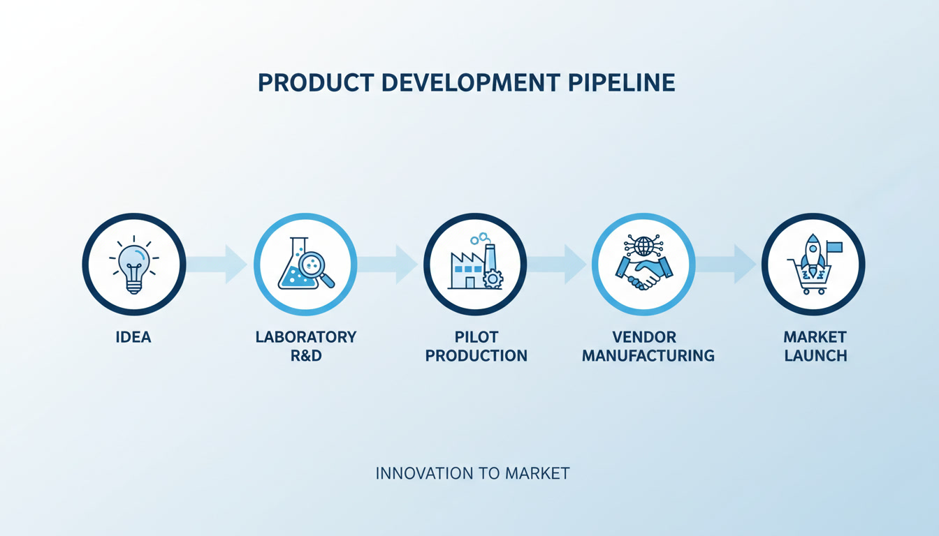 Diagram outlining the five stages of product development workflow: specification development, lab R&D, process mapping, pilot trials, and commercial launch