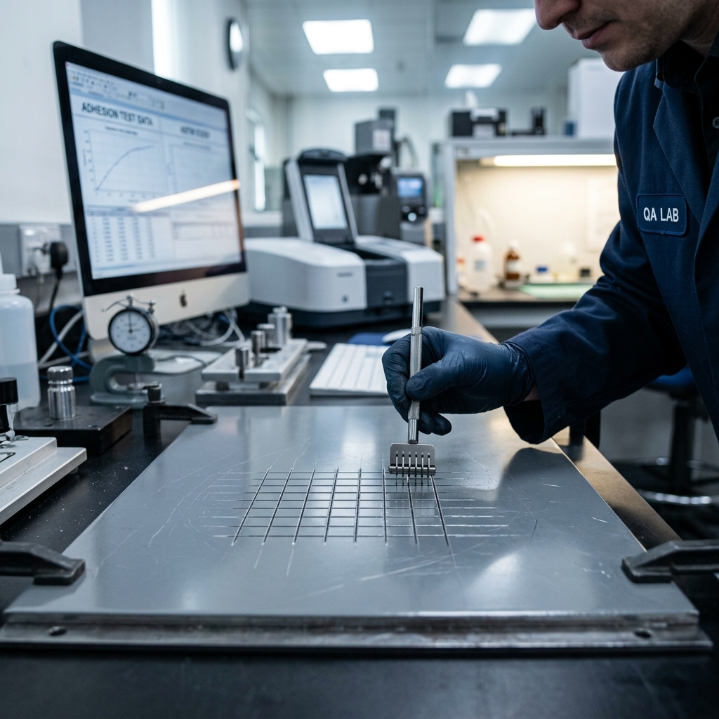 Industrial engineer performing a cross-hatch adhesion test on a treated metal panel following ASTM D3359 standards
