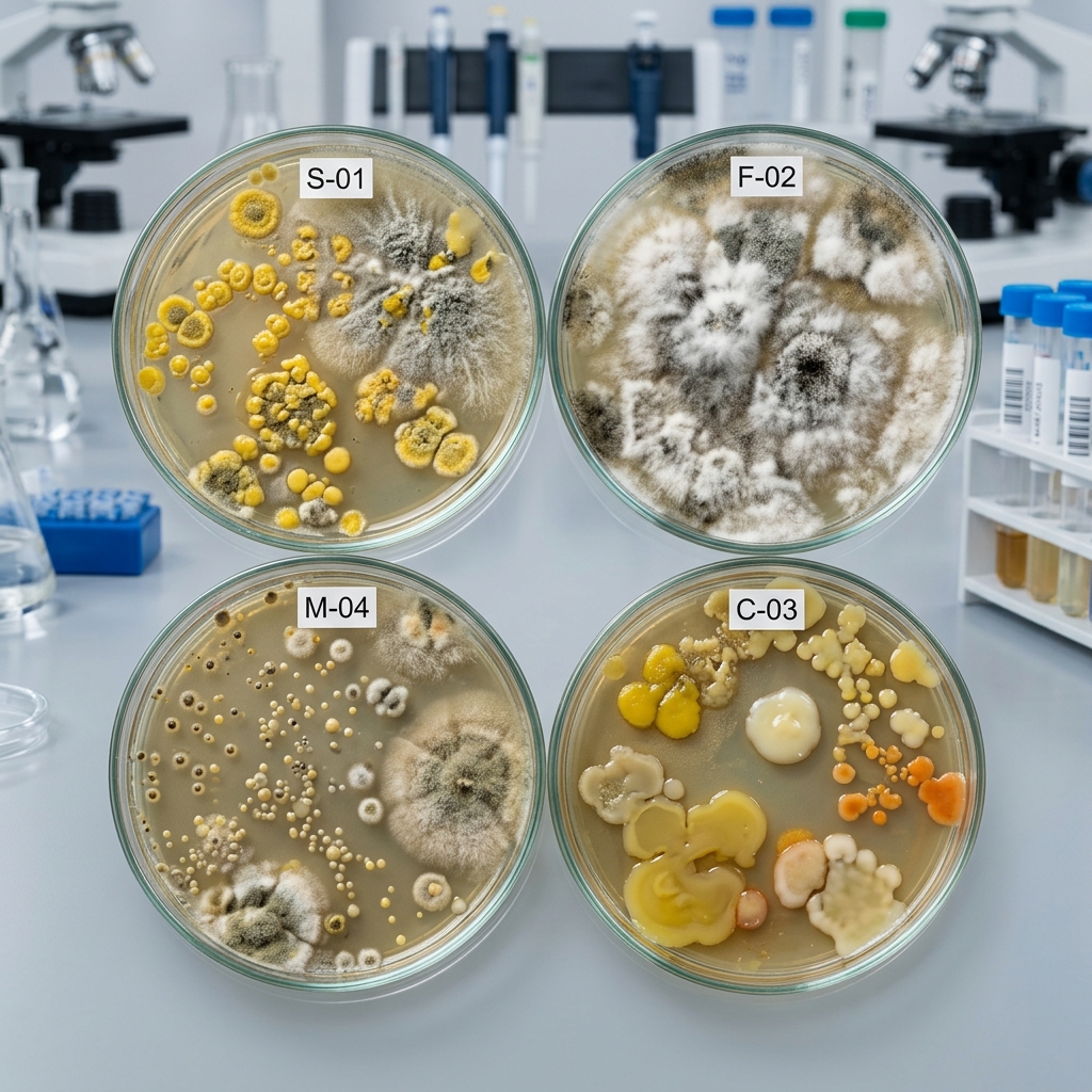 Close-up laboratory photograph of microbial colonies on agar plates, representing contamination analysis in cosmetic stability testing.