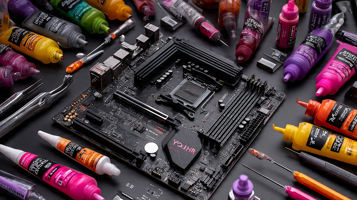 High-precision electronics motherboard on an anti-static mat under UV light inspecting adhesive potting encapsulation