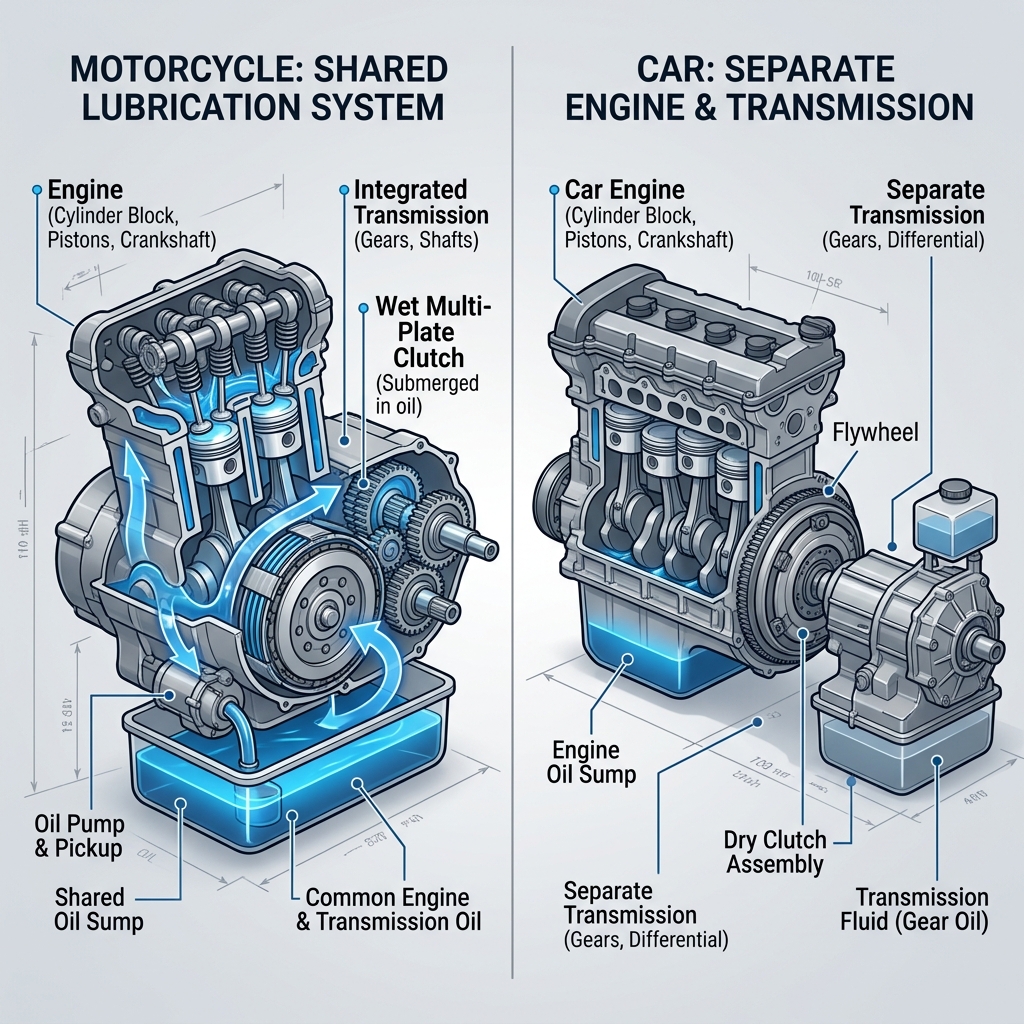 Cross-sectional graphic detailing the multi-plate motorcycle wet clutch system fully submerged in circulating sump lubricant
