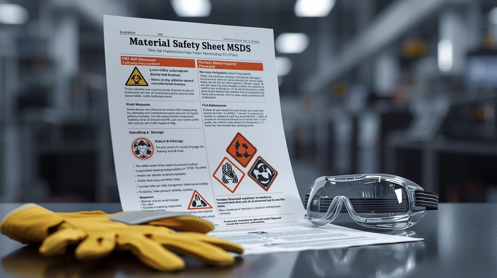 Sample MSDS safety data sheet format for chemical products with hazard symbols and regulatory sections