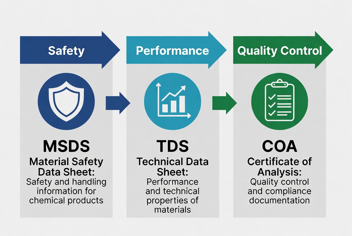 Diagram showing MSDS, TDS and COA workflow for chemical products, illustrating safety, technical performance and quality verification