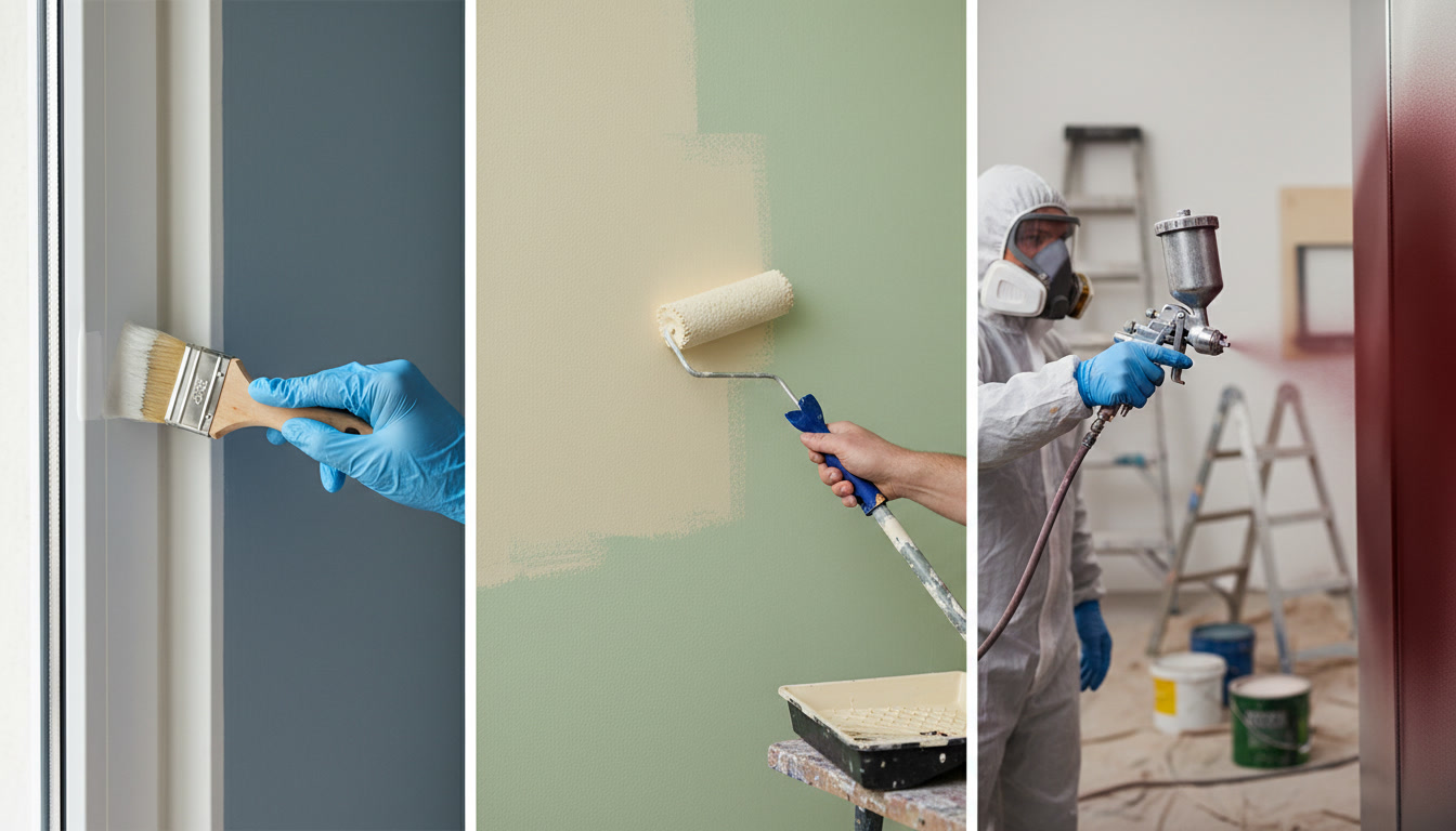 Image showing three paint application methods: a hand using a brush, a hand using a roller, and a person operating a spray gun