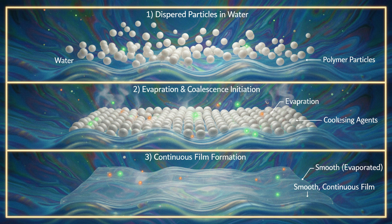 Diagram depicting the film formation process of water-based paint, illustrating polymer particle coalescence as water evaporates