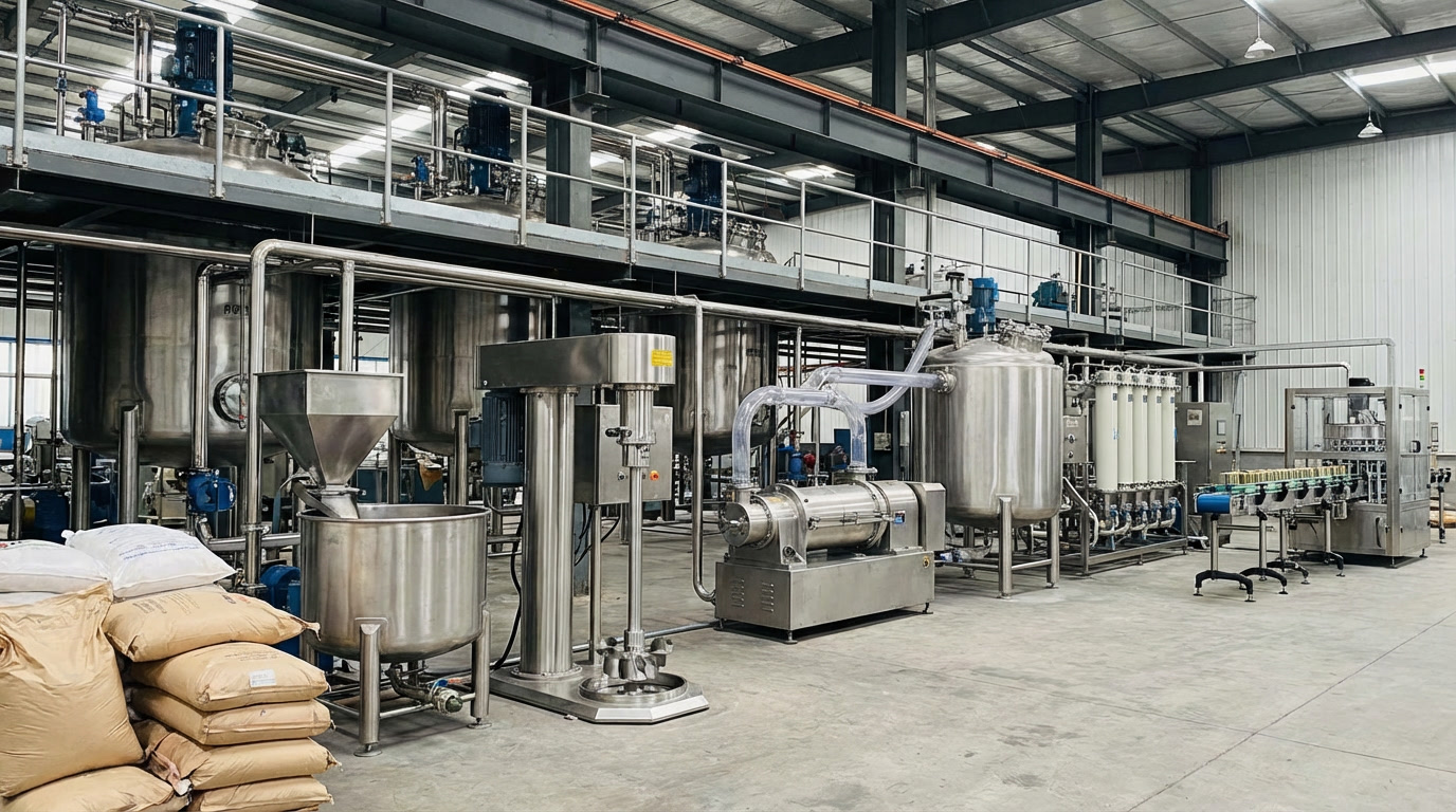 Industrial process flow chart mapping the paint manufacturing sequence from raw material dosing to dispersion, grinding, let-down, QC, and packaging