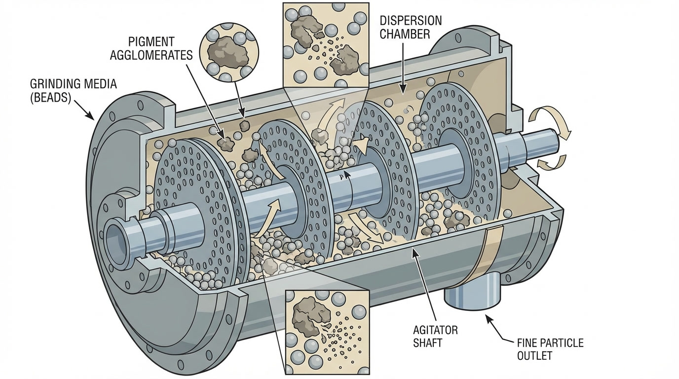 Advanced pigment dispersion process inside a horizontal bead mill showing mechanical de-agglomeration of solid particles