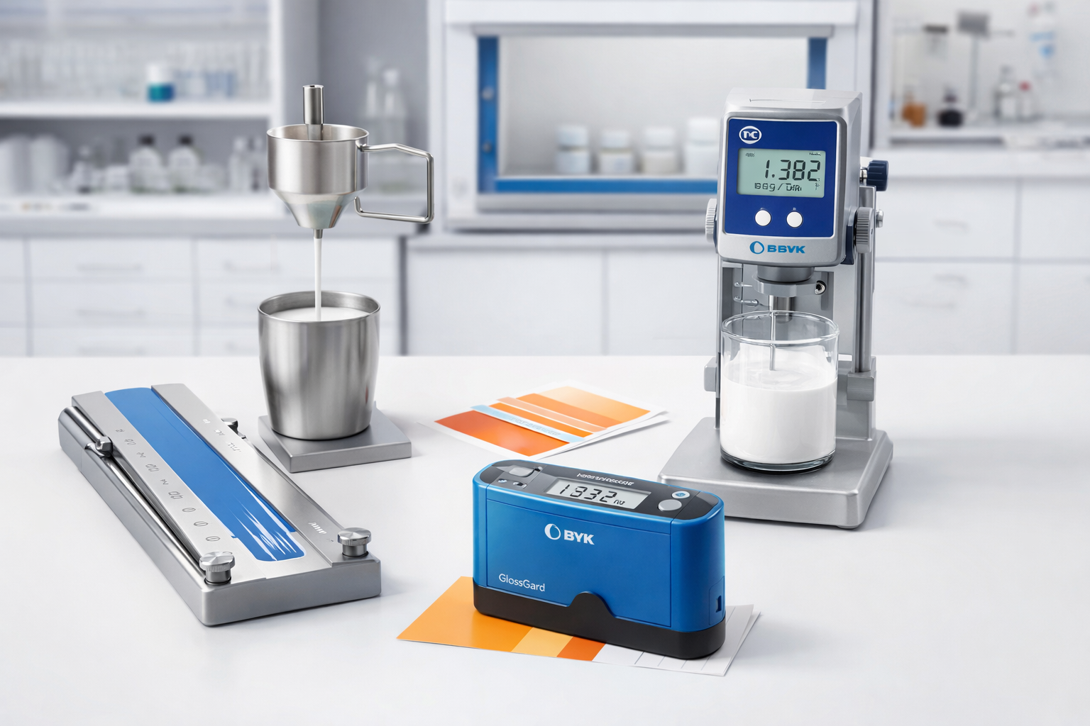 Meticulous Quality Control testing in a certified laboratory verifying paint viscosity, density, Hegman grind, and spectrophotometric color matching