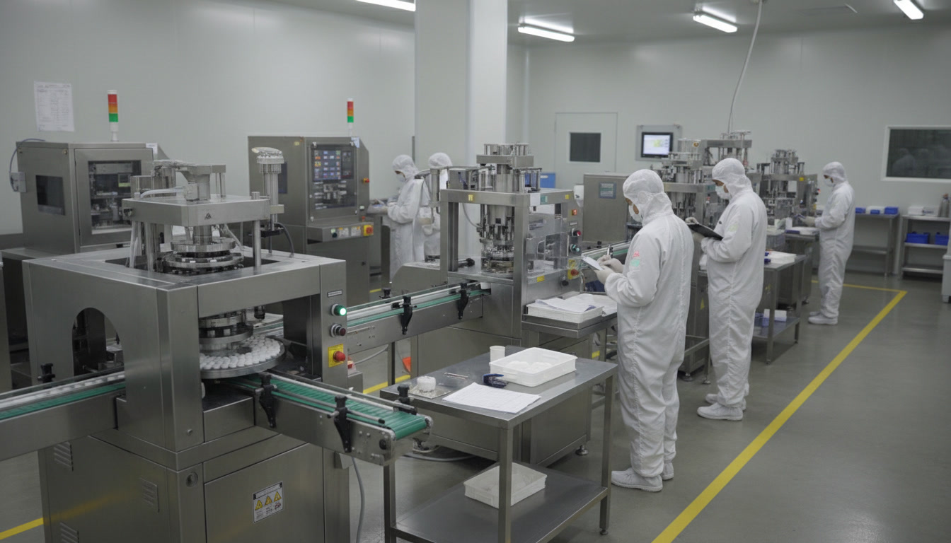 Pharmaceutical manufacturing process line demonstrating tablet press machinery and automated packaging systems